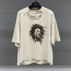Vintage Distressed Double Neckline Tee Shirt Boxy Oversize Printed Cotton T-shirts Streetwear Drop Shoulder T Shirts for Men