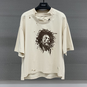 Vintage Distressed Double Neckline Tee Shirt Boxy Oversize Printed Cotton T-shirts Streetwear Drop Shoulder T Shirts for Men