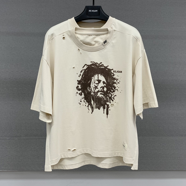Vintage Distressed Double Neckline Tee Shirt Boxy Oversize Printed Cotton T-shirts Streetwear Drop Shoulder T Shirts for Men