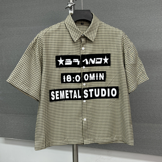 Fashion Streetwear Embroidery Plaid Short Sleeve Shirt Drop Shoulder Heavyweight Button Up Shirt Oversized Cotton Polo Shirts for Men