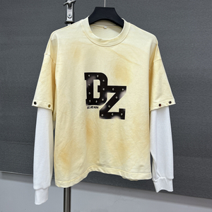 Vintage Rivets Double Layer Long Sleeve T-shirt Oversized Sun Faded Distressed Tee Shirt Custom Printing Acid Wash Cotton T Shirt