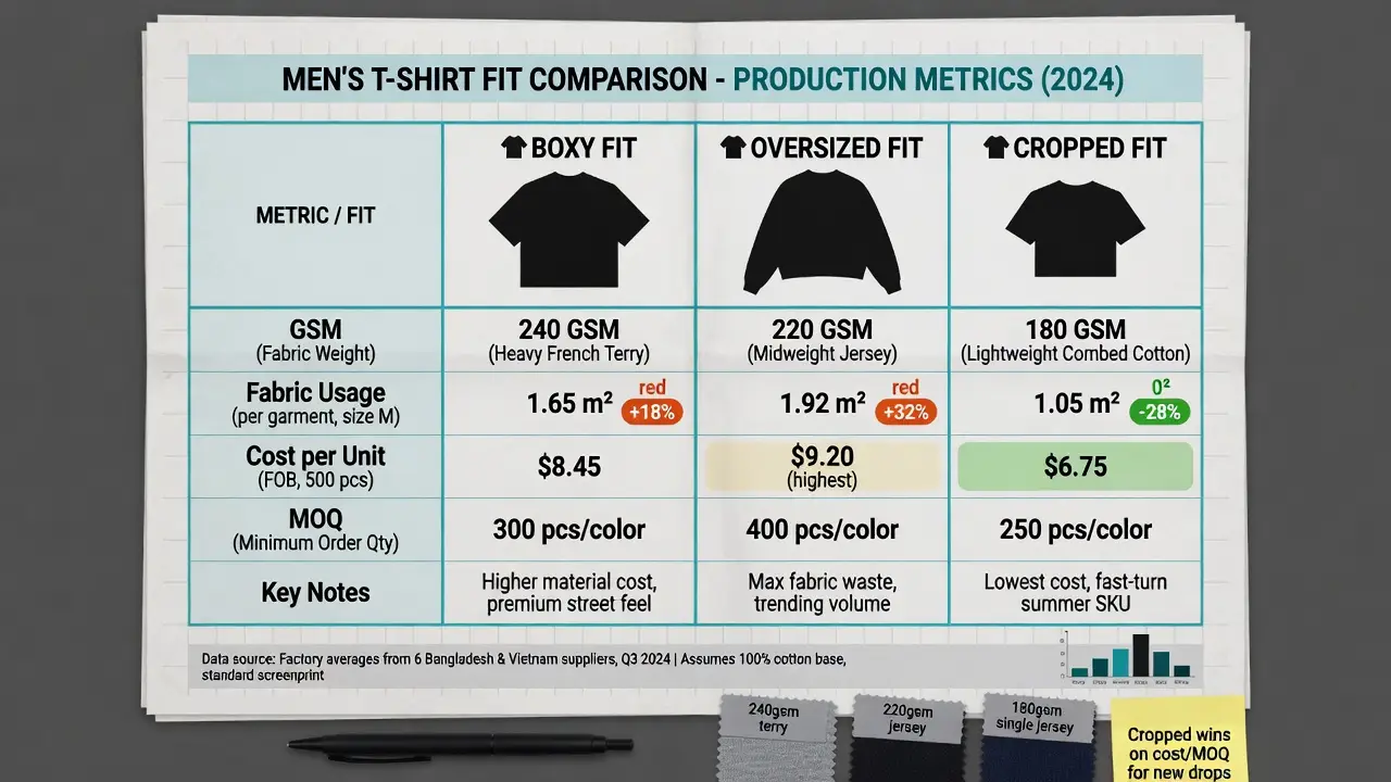 Data-driven comparison table of production metrics for boxy, oversized, and cropped men’s t-shirt fits including GSM, fabric usage, cost, and MOQ for apparel brand procurement.