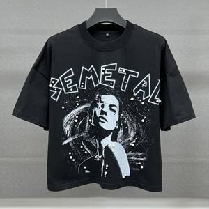 Streetwear Black Screen Printing Tshirts Customized Drop Shoulder Round Neck Cropped T-shirts Rhinestone Cotton Boxy T Shirt for Men