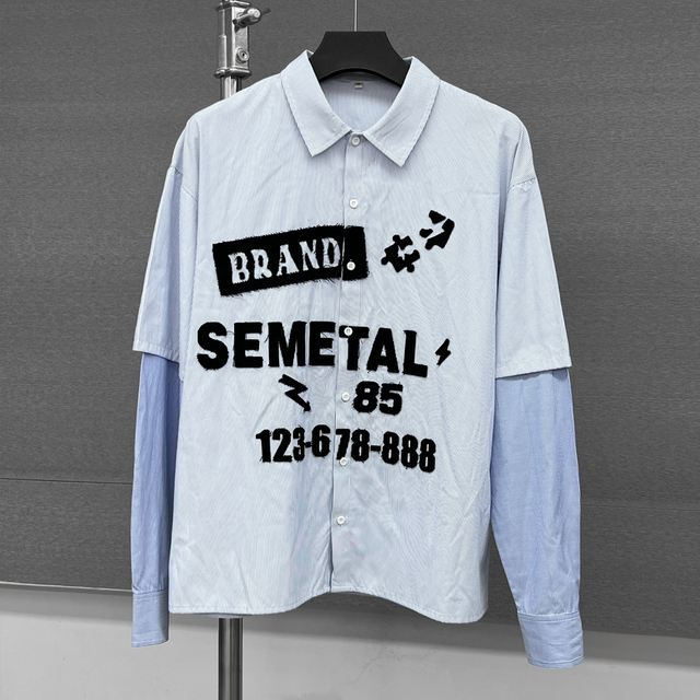  Personalized Embroidery Double Layer Long Sleeve T-shirt Streetwear Boxy Cotton Button Up Shirt Oversized Drop Shoulder Polo Shirts 