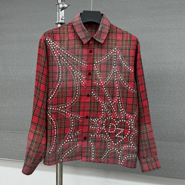 New Personalized Rhinestone Plaid Shirt Vintage Heavyweight Long Sleeve Polo Shirt Button Up Acid Wash Shirt for Men