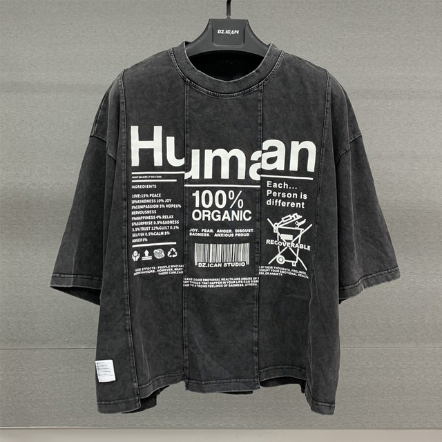 Vintage Patchwork Heavyweight Tee Shirt Luxury 100% Cotton Drop Shoulder Acid Wash T Shirt Custom Printed Graphic Oversized T-shirt