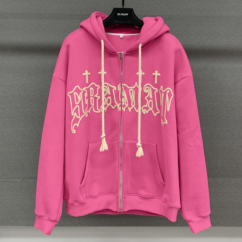 Custom Logo Pink Unisex 100% Cotton Streetwear Y2k Puff Printing Zip Up Hoodie