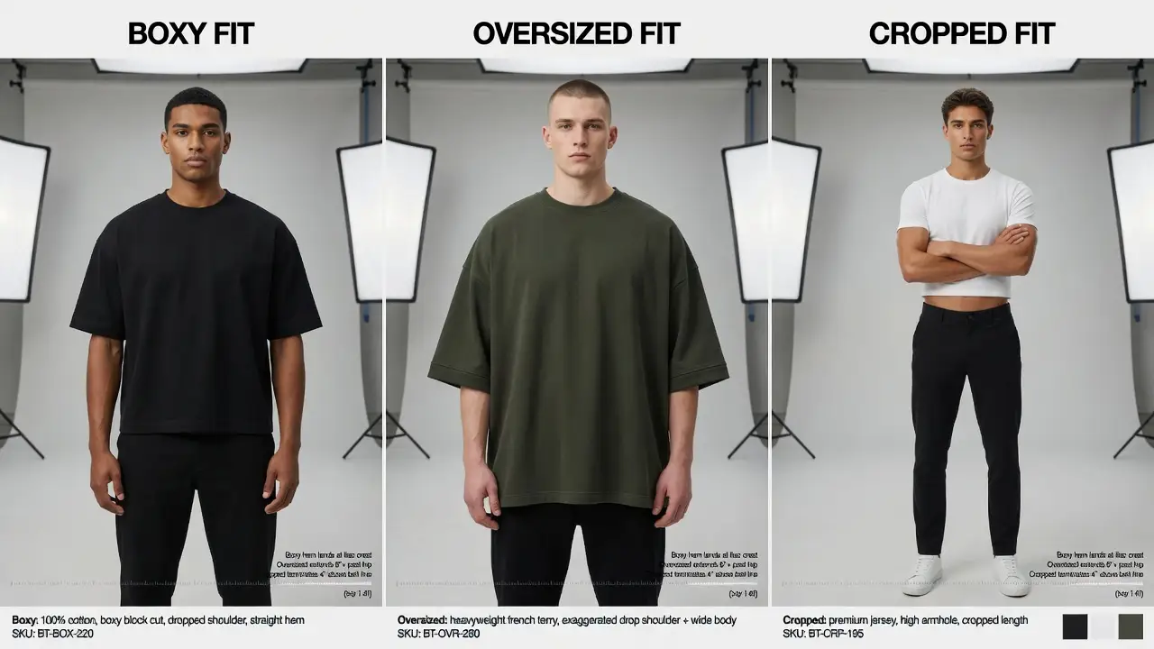 Professional studio comparison of boxy vs oversized vs cropped t-shirt fits on male models, highlighting structural differences for B2B procurement decisions.